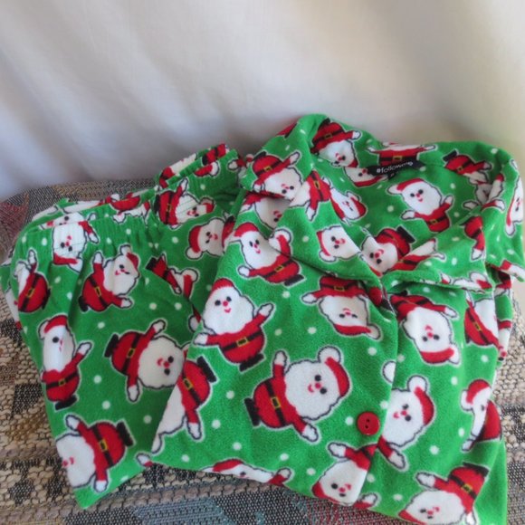 New #followme Green White & Red Santa Print Cozy Fleece Lounge Pajama Set XL - Picture 2 of 10